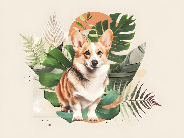 retro collage with green plants and a corgi dog