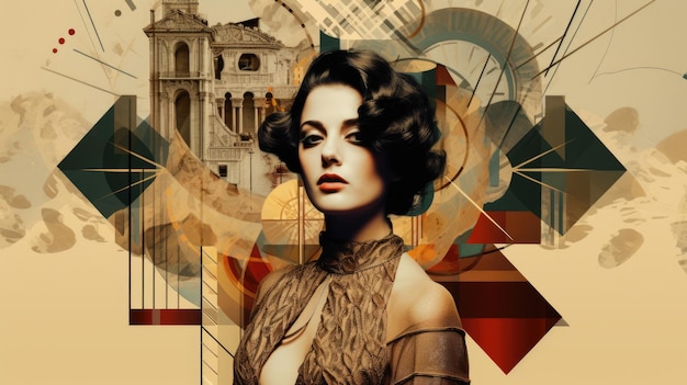 Retro collage with woman in Art Deco vintage dress abstract background