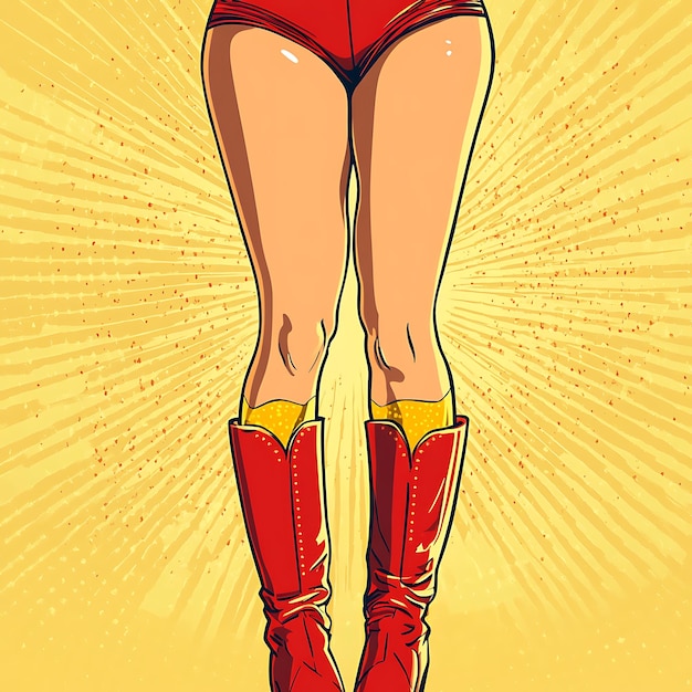 Retro Comic Style Illustration of Female Legs in Red Boots and Shorts Against a Yellow Background