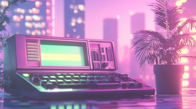 Photo retro computer keyboard with palm tree in neon lights