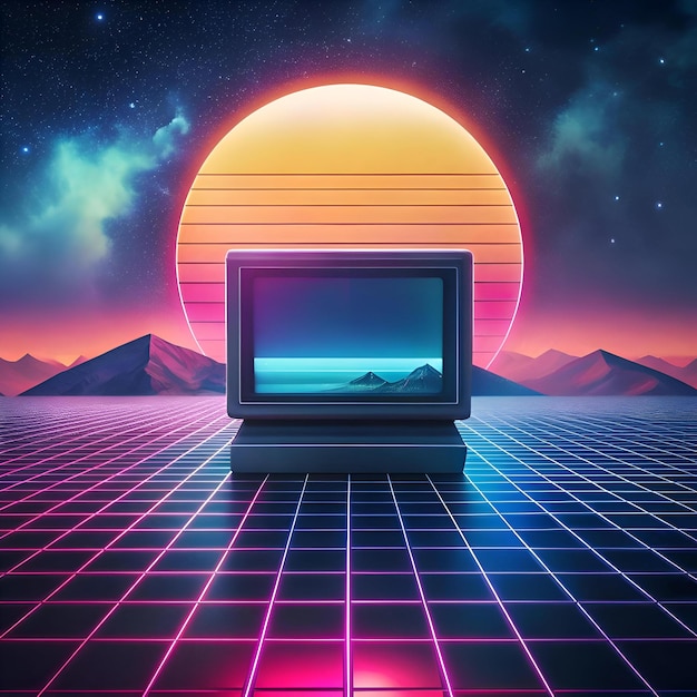 Photo a retro computer sits against a glowing neon sunset evoking nostalgia for the 80s