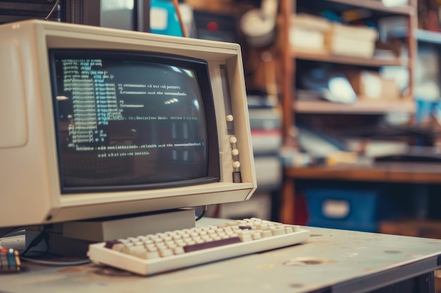 A retro computer with a textbased interface sits in a cluttered room evoking a sense of the early days of computing