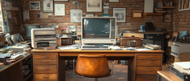 Retro Computer Workstation in a Room with Brick Walls