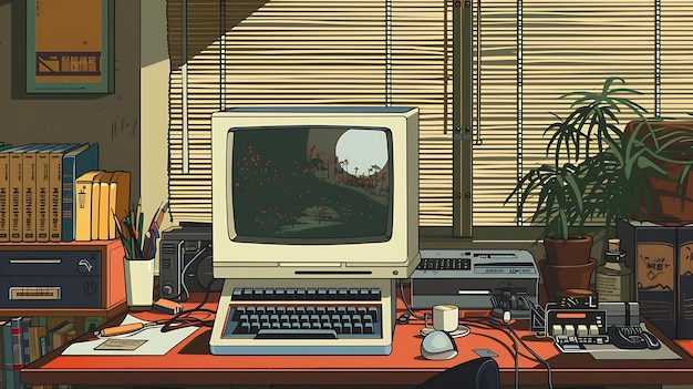 Photo retro computer workstation with a view of a cityscape