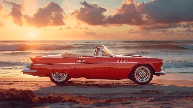 Retro convertible beachside sunset warm hues carefree side shot Generative AI