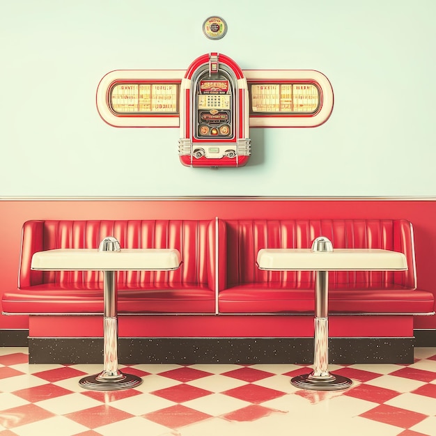 Photo retro diner booths with jukebox and checkered floor