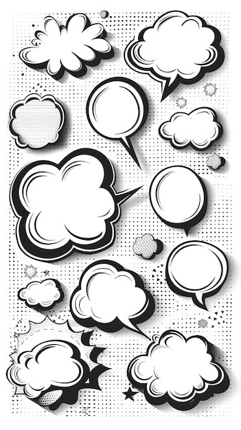 Photo retro empty comic speech bubbles set with black halftone shadows vintage design pop art style