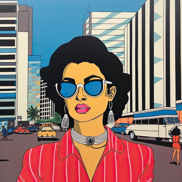 Retro fashion woman in the city pop art vector illustration