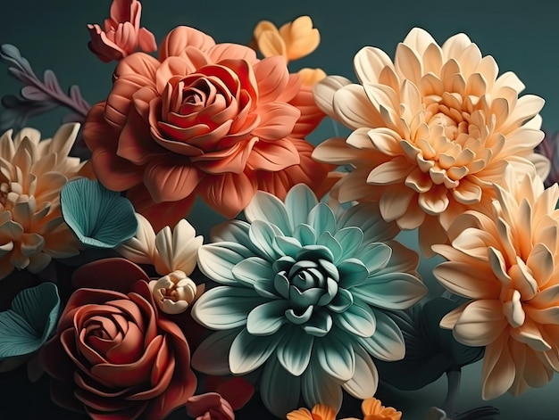 Retro Filtered Pink and Orange Flowers on Gray Background