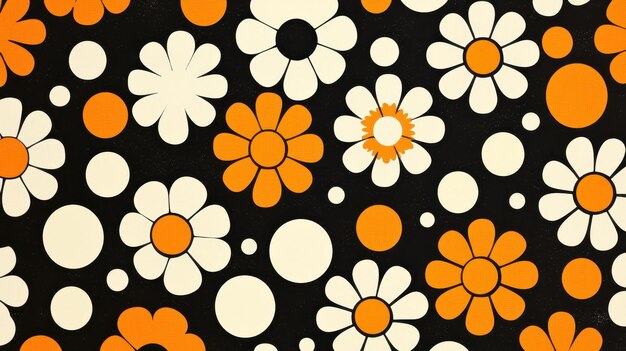 Photo retro floral pattern with orange and white flowers on black background