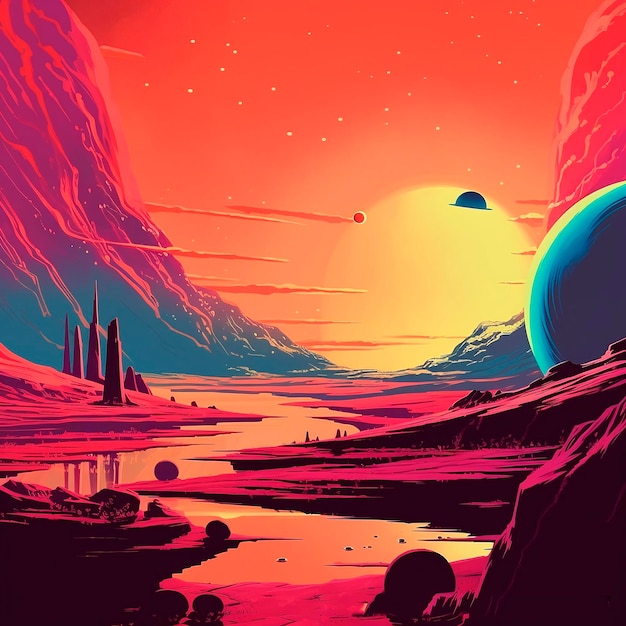 Retro future concept art of alien exoplanet colorful AI generated AI generative