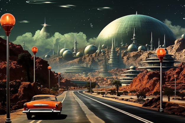 Photo retro futurism city with mountain and outer space planet