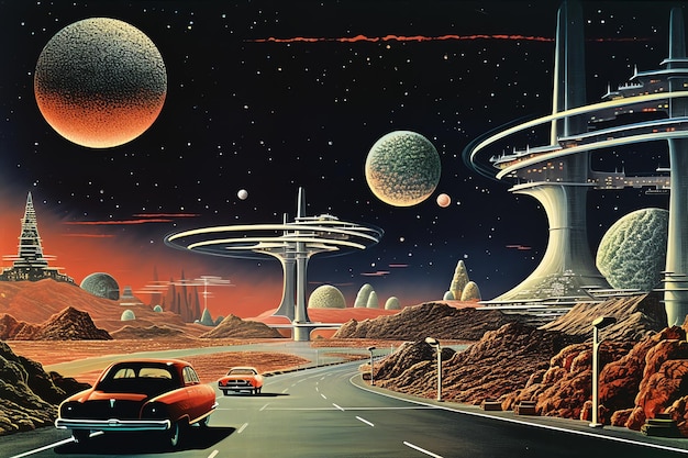 Photo retro futurism city with mountain and outer space planet