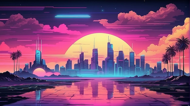 A retro futurism cityscape with skyscrapers and a sunset