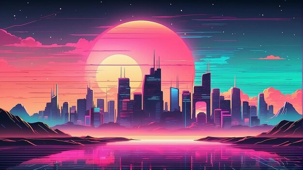 A retro futurism cityscape with skyscrapers and a sunset