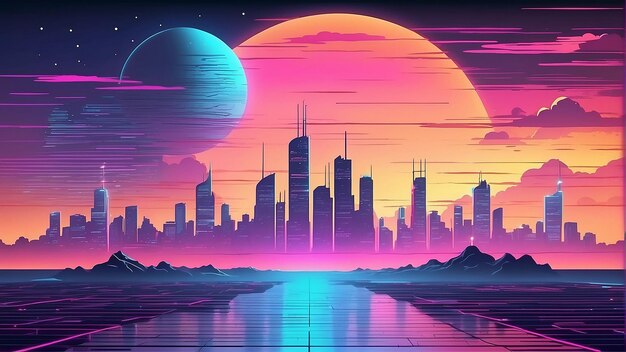 A retro futurism cityscape with skyscrapers and a sunset