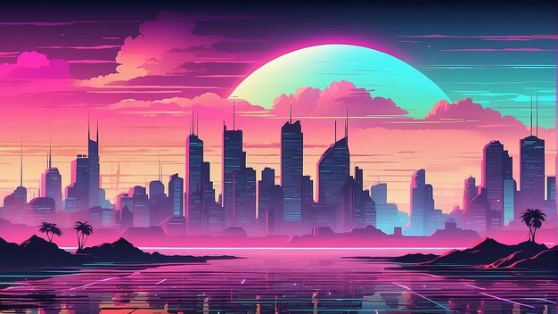 A retro futurism cityscape with skyscrapers and a sunset