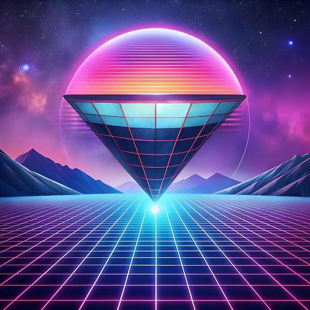 Photo retro futuristic 3d illustration of a geometric shape hovering over a glowing grid landscape reminiscent of 80s synthwave aesthetics