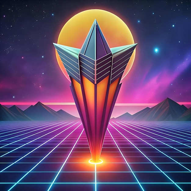 Retro futuristic 3D illustration of a glowing geometric shape rising from a neon grid landscape under a retro sun