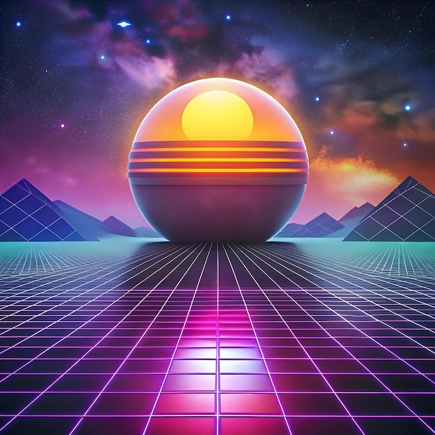 Photo a retro futuristic 3d illustration of a glowing orb in a starry sky with a neon grid landscape