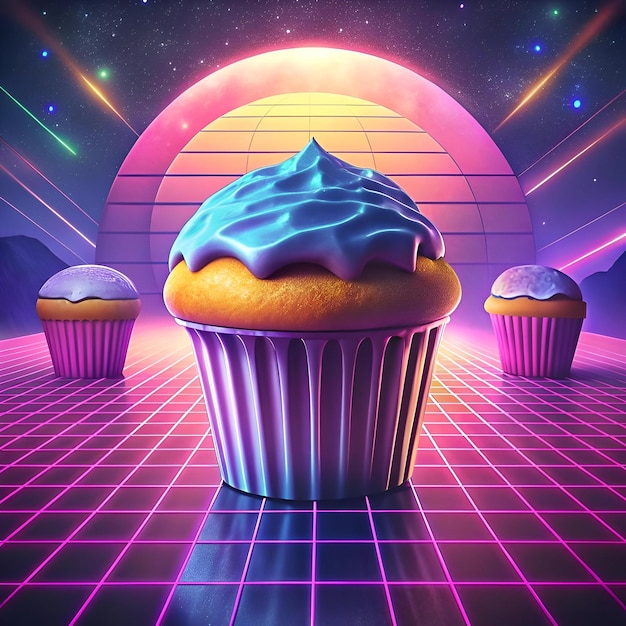 Photo a retro futuristic 3d illustration of a single cupcake with blue frosting