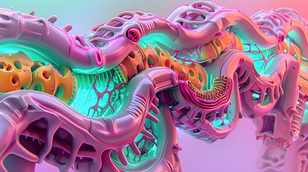 Retro Futuristic 3D Render of Sclerenchyma Cells in a Plant with Metallic and Neon Accents