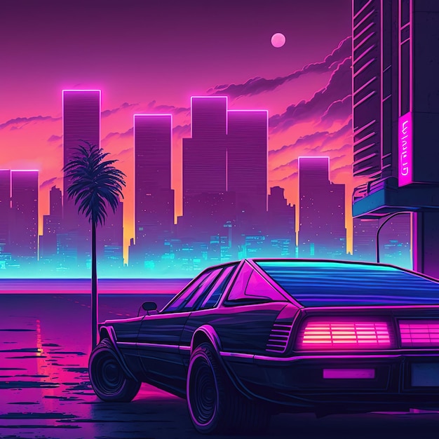 Retro futuristic back side view 80s supercar on trendy synthwave vaporwave cyberpunk sunset background Back to 80s concept