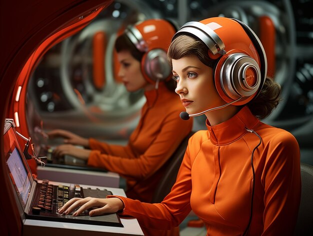 Retro futuristic Callcenter operating a new invention of a computer as imagined in the 50s and 60s