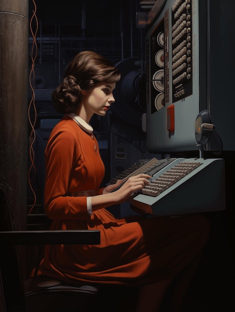 Retro futuristic Callcenter operating a new invention of a computer as imagined in the 50s and 60s