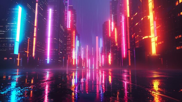 Photo retro futuristic cityscape featuring neon colors in a symmetrical design