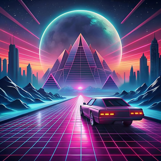 Photo retro futuristic cityscape with a glowing moon and a pyramid in the background a sleek car drives down a neon lit road