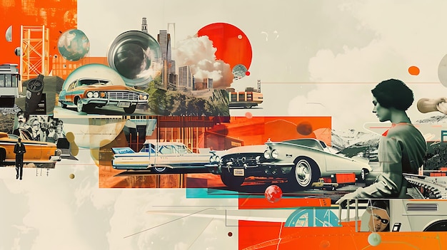 Retro Futuristic Collage with Cars and Cityscapes