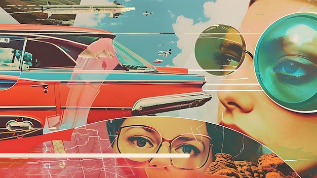 Retro Futuristic Collage with a Woman and Classic Car