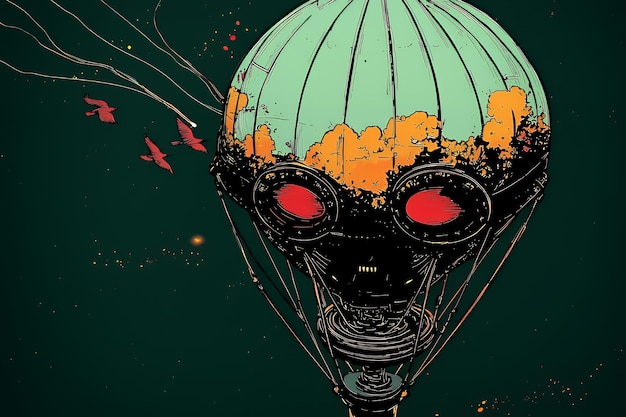 Retro Futuristic Hot Air Balloon with Goggles and Birds