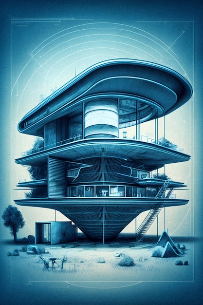 Retro futuristic House Sketch and Blueprint hand drawn illustration