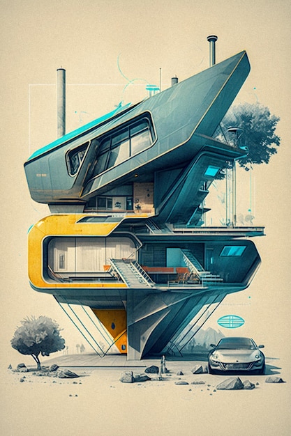 Retro futuristic House Sketch and Blueprint hand drawn illustration