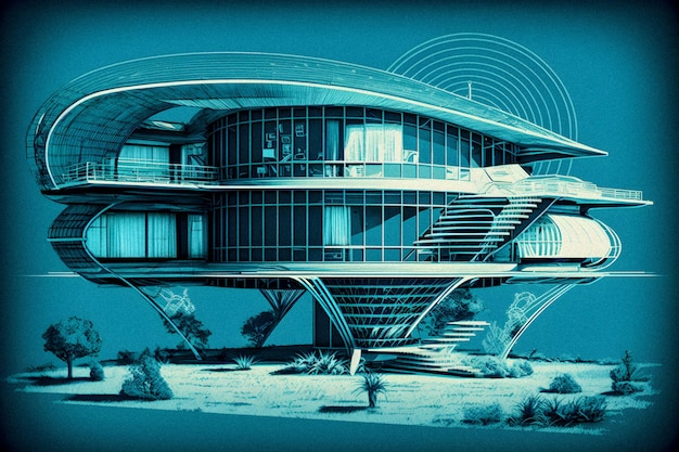 Retro futuristic House Sketch and Blueprint hand drawn illustration