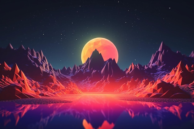 Retro futuristic landscape background with orange sun