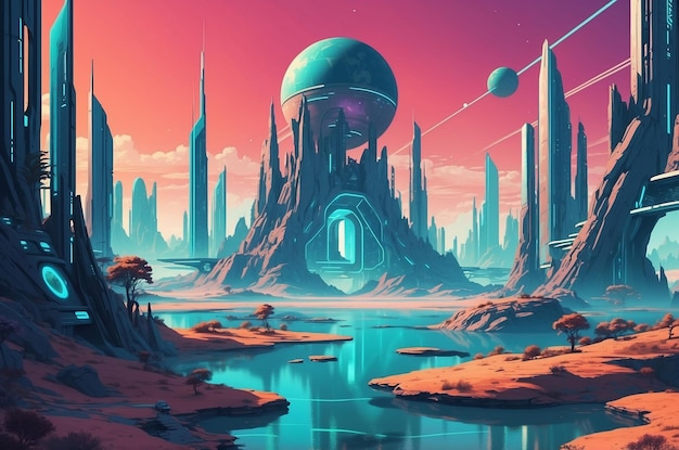 Retro futuristic landscape techno design