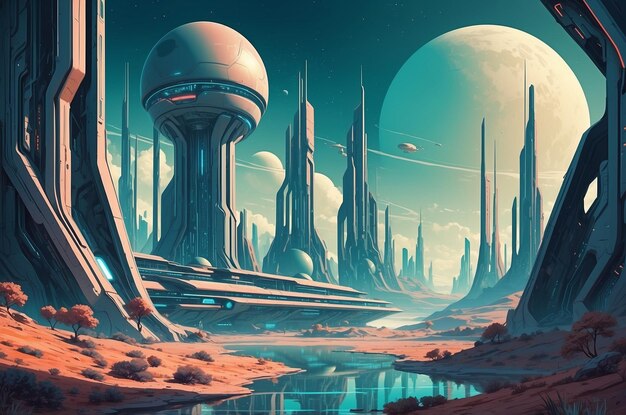 Retro futuristic landscape techno design