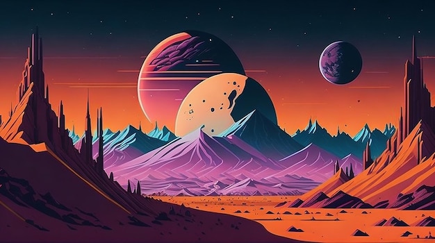 Retro futuristic landscape of universe background