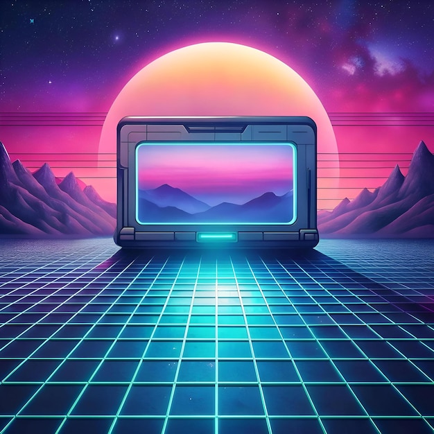 Photo retro futuristic landscape with a glowing screen portal in a 80s synthwave style