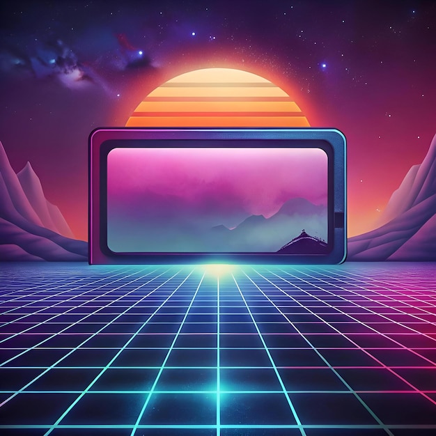 Retro futuristic landscape with a glowing sunset a digital grid and a smartphone displaying a mountain scene