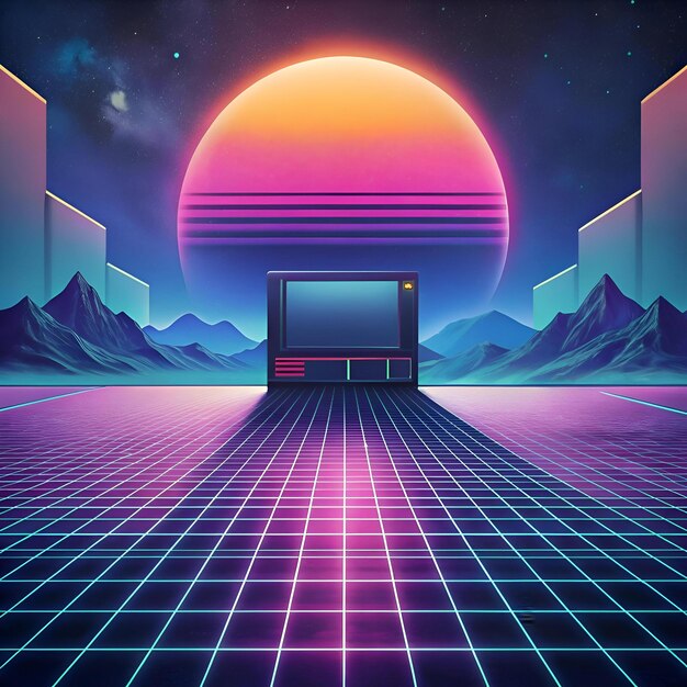 Retro futuristic landscape with a vintage computer and a glowing sunset