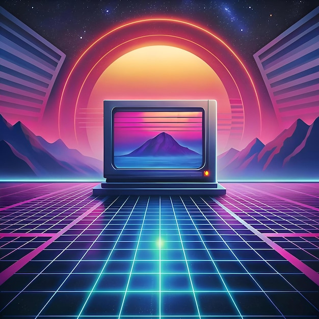 Photo retro futuristic landscape with a vintage computer and a glowing sunset