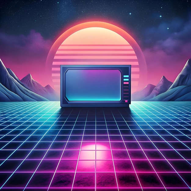 Photo a retro futuristic landscape with a vintage tv set a glowing sunset and a futuristic grid floor