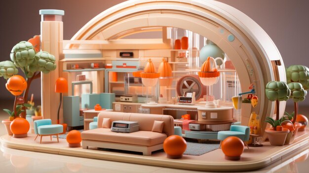 A retro futuristic living room with a large curved window