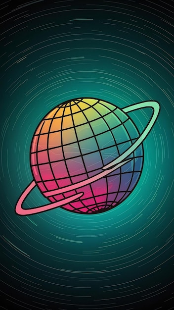 Retro futuristic planet with gradient and grid cartoon style Symbol of internet and global world