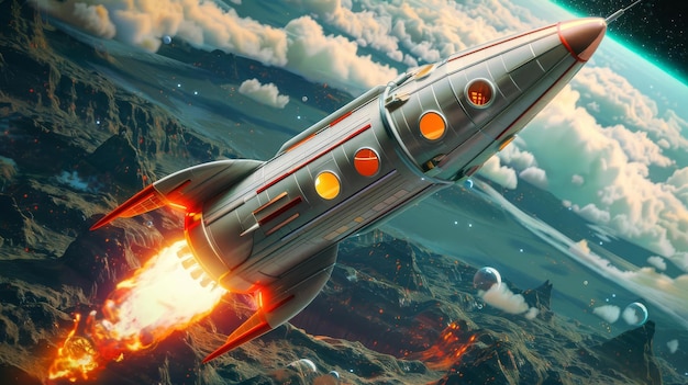 Photo retro futuristic rocket ship launching into space 1950s style vibrant colors