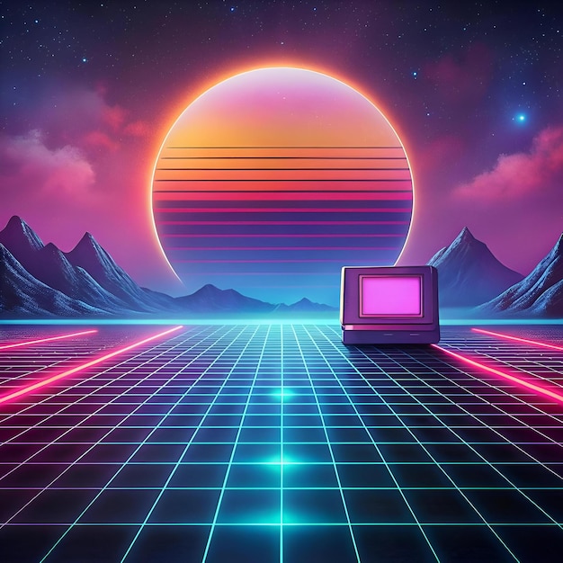 A retro futuristic scene featuring a vintage computer in a neon grid landscape with a large colorful 80s style sunset